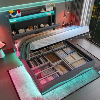 Lit avec rangement rembourré 160 x 200 cm, LED, USB, tête de lit, gris foncé, velours