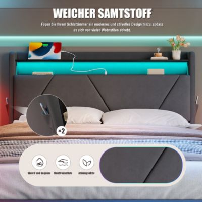 Lit avec rangement rembourré 160 x 200 cm, LED, USB, tête de lit, gris foncé, velours