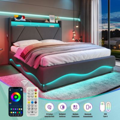 Lit avec rangement rembourré 160 x 200 cm, LED, USB, tête de lit, gris foncé, velours