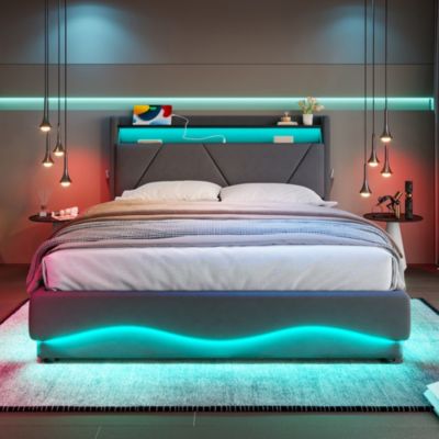 Lit avec rangement rembourré 160 x 200 cm, LED, USB, tête de lit, gris foncé, velours