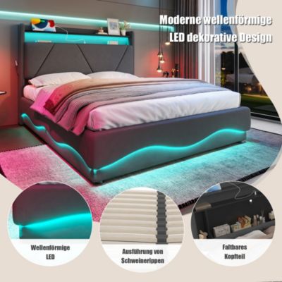 Lit avec rangement rembourré 160 x 200 cm, LED, USB, tête de lit, gris foncé, velours
