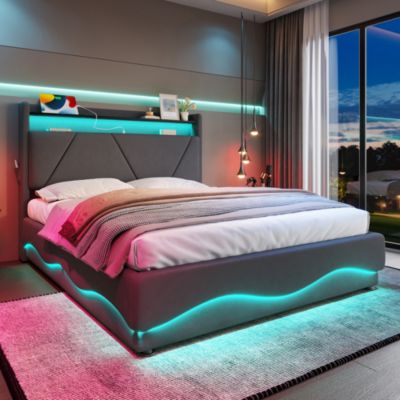 Lit avec rangement rembourré 160 x 200 cm, LED, USB, tête de lit, gris foncé, velours