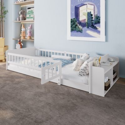 Lit avec rangement rembourré 90 x 200 cm, rangement intégré, sans matelas, blanc, pin