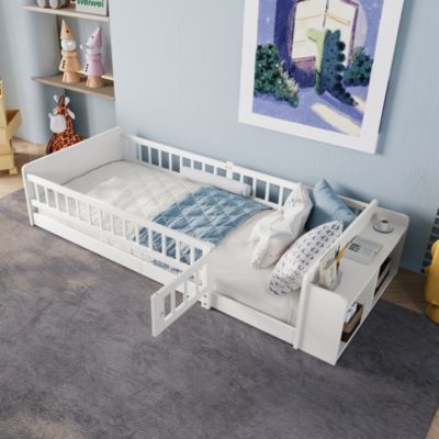 Lit avec rangement rembourré 90 x 200 cm, rangement intégré, sans matelas, blanc, pin