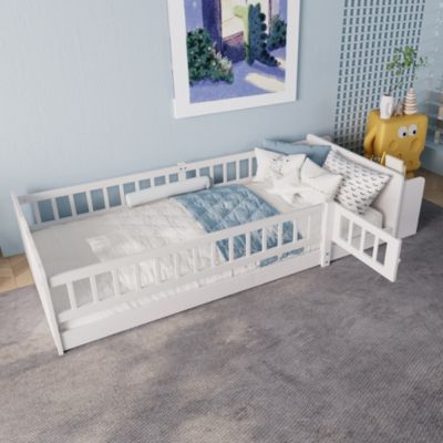 Lit avec rangement rembourré 90 x 200 cm, rangement intégré, sans matelas, blanc, pin