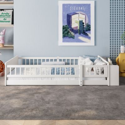 Lit avec rangement rembourré 90 x 200 cm, rangement intégré, sans matelas, blanc, pin