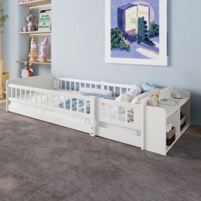 Lit avec rangement rembourré 90 x 200 cm, rangement intégré, sans matelas, blanc, pin