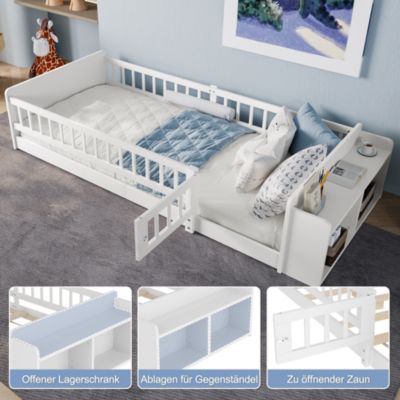 Lit avec rangement rembourré 90 x 200 cm, rangement intégré, sans matelas, blanc, pin