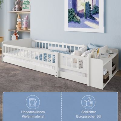 Lit avec rangement rembourré 90 x 200 cm, rangement intégré, sans matelas, blanc, pin