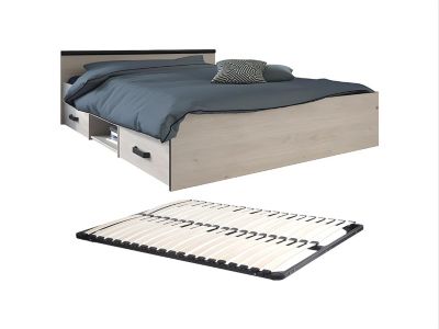 Lit avec tête de lit rangements 120 x 190 cm coloris naturel et