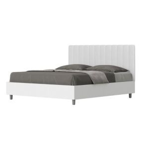 Lit avec sommier 160x190, structure frêne blanc, tête de lit en mélamine blanc/simili cuir Kaia