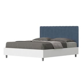 Lit avec sommier 160x190, structure frêne blanc, tête de lit en mélamine bleu/microfibre Kaia