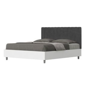 Lit avec sommier 160x200, structure frêne blanc, tête de lit en mélamine/microfibre gris Kaia