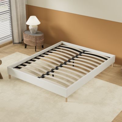 Lit avec sommier lattes en bois - 160x200 cm - Tissu Blanc - Pieds en bois
