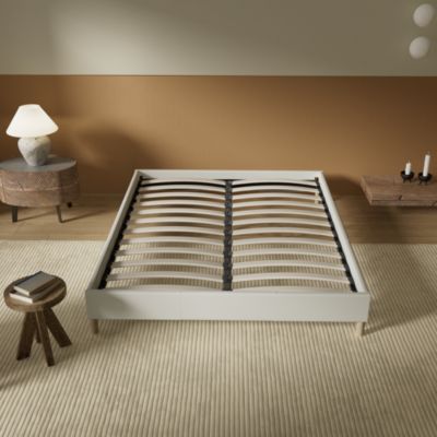 Lit avec sommier lattes en bois - 160x200 cm - Tissu Blanc - Pieds en bois
