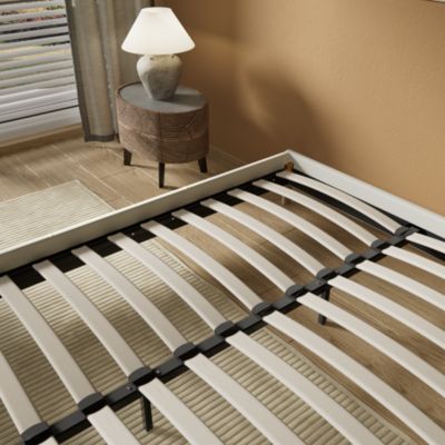 Lit avec sommier lattes en bois - 160x200 cm - Tissu Blanc - Pieds en bois