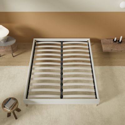 Lit avec sommier lattes en bois - 160x200 cm - Tissu Blanc - Pieds en bois