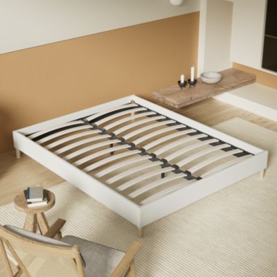 Lit avec sommier lattes en bois - 160x200 cm - Tissu Blanc - Pieds en bois