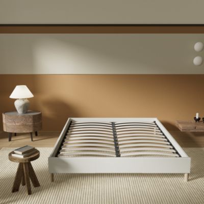Lit avec sommier lattes en bois - 160x200 cm - Tissu Blanc - Pieds en bois