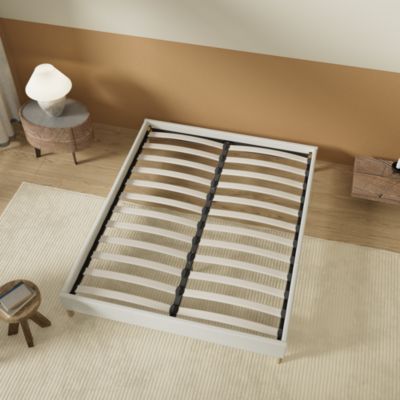 Lit avec sommier lattes en bois - 160x200 cm - Tissu Blanc - Pieds en bois