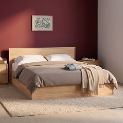 Lit avec sommier à lattes et tête de lit 160 x 200cm + 4 tiroirs décor bois naturel - Kuba