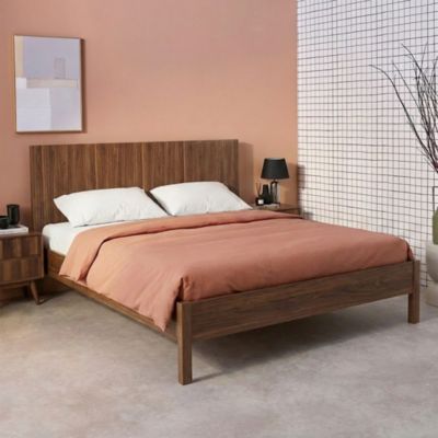 Lit avec sommier à lattes et tête de lit 160x200cm décor bois noyer - Linear