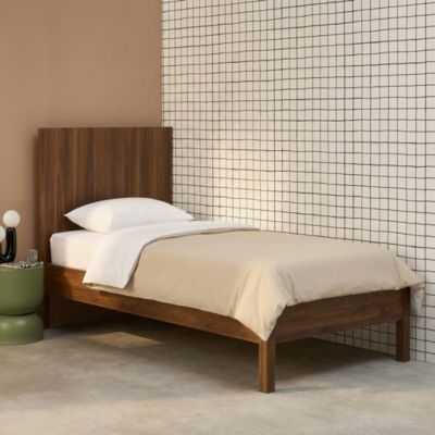 Lit avec sommier à lattes et tête de lit 90x190cm décor bois noyer - Linear