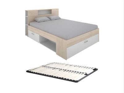 Lit avec tête de lit rangements et tiroirs - 160 x 200 cm - Coloris : Naturel et blanc + Sommier - LEANDRE