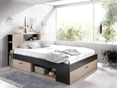 Lit avec tête de lit rangements et tiroirs - 160 x 200 cm - Coloris : Naturel et blanc + Sommier - LEANDRE