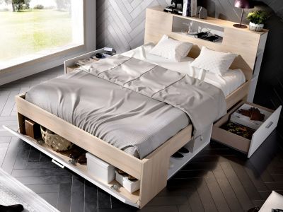 Lit avec tête de lit rangements et tiroirs - 160 x 200 cm - Coloris : Naturel et blanc + Sommier - LEANDRE