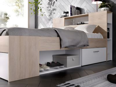 Lit avec tête de lit rangements et tiroirs - 160 x 200 cm - Coloris : Naturel et blanc + Sommier - LEANDRE