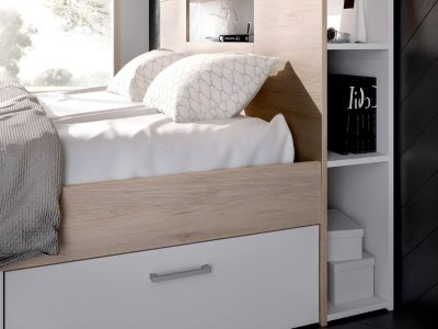 Lit avec tête de lit rangements et tiroirs - 160 x 200 cm - Coloris : Naturel et blanc + Sommier - LEANDRE
