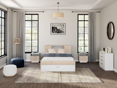 Lit avec tête de lit rangements et tiroirs - 160 x 200 cm - Coloris : Naturel et blanc + Sommier - LEANDRE