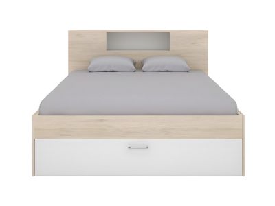 Lit avec tête de lit rangements et tiroirs - 160 x 200 cm - Coloris : Naturel et blanc + Sommier - LEANDRE