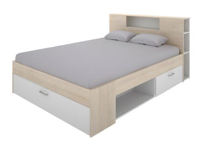 Lit avec tête de lit rangements et tiroirs - 160 x 200 cm - Coloris : Naturel et blanc + Sommier - LEANDRE