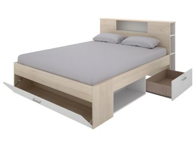 Lit avec tête de lit rangements et tiroirs - 160 x 200 cm - Coloris : Naturel et blanc + Sommier - LEANDRE