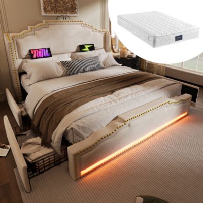 Lit avec tiroirs rembourré 140 x 200 cm, 4 tiroirs, LED, USB-C, tête de lit, avec matelas, beige, velours