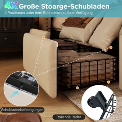 Lit avec tiroirs rembourré 140 x 200 cm, 4 tiroirs, LED, USB-C, tête de lit, avec matelas, beige, velours