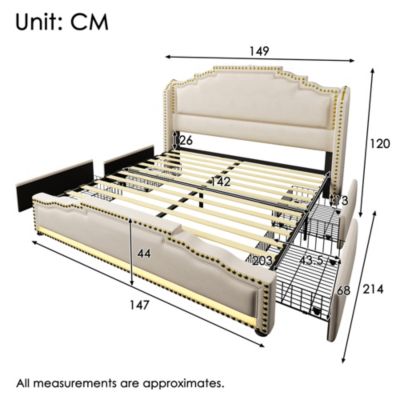 Lit avec tiroirs rembourré 140 x 200 cm, 4 tiroirs, LED, USB-C, tête de lit, avec matelas, beige, velours