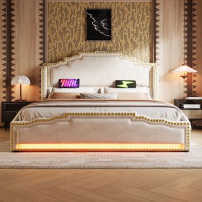 Lit avec tiroirs rembourré 140 x 200 cm, 4 tiroirs, LED, USB-C, tête de lit, avec matelas, beige, velours