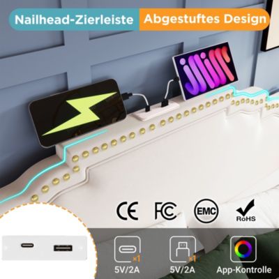 Lit avec tiroirs rembourré 140 x 200 cm, 4 tiroirs, LED, USB-C, tête de lit, avec matelas, beige, velours