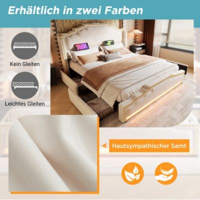 Lit avec tiroirs rembourré 140 x 200 cm, 4 tiroirs, LED, USB-C, tête de lit, avec matelas, beige, velours