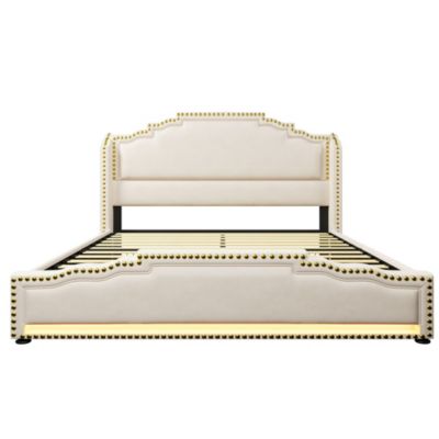 Lit avec tiroirs rembourré 140 x 200 cm, 4 tiroirs, LED, USB-C, tête de lit, beige, velours