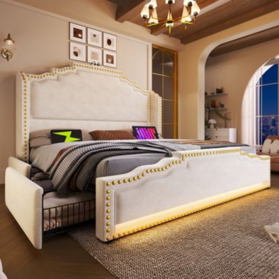 Lit avec tiroirs rembourré 140 x 200 cm, 4 tiroirs, LED, USB-C, tête de lit, beige, velours
