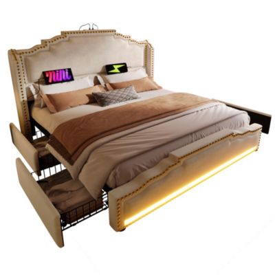 Lit avec tiroirs rembourré 140 x 200 cm, 4 tiroirs, LED, USB-C, tête de lit, beige, velours