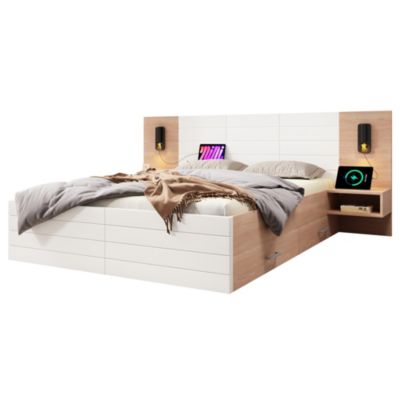 Lit avec tiroirs rembourré 160 x 200 cm, 2 tiroirs, USB, tête de lit, blanc et chêne