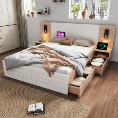 Lit avec tiroirs rembourré 160 x 200 cm, 2 tiroirs, USB, tête de lit, blanc et chêne
