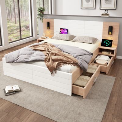 Lit avec tiroirs rembourré 160 x 200 cm, 2 tiroirs, USB, tête de lit, blanc et chêne