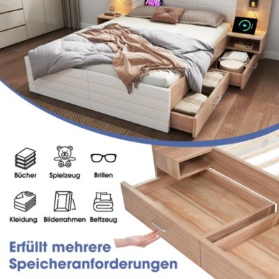 Lit avec tiroirs rembourré 160 x 200 cm, 2 tiroirs, USB, tête de lit, blanc et chêne