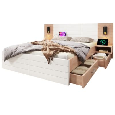 Lit avec tiroirs rembourré 160 x 200 cm, 2 tiroirs, USB, tête de lit, blanc et chêne